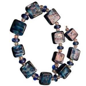 Handmade Blue & Gold Square Lampwork Glass Beads Design
